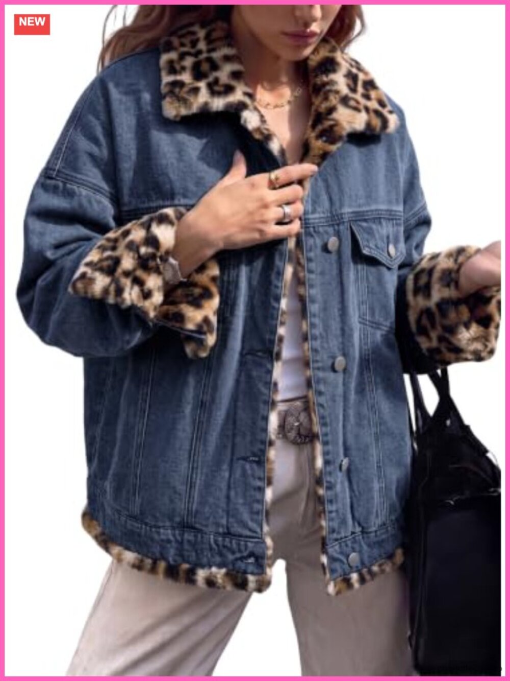 Dokotoo Reversible Leopard Sherpa Fleece Oversized Jean Jacket